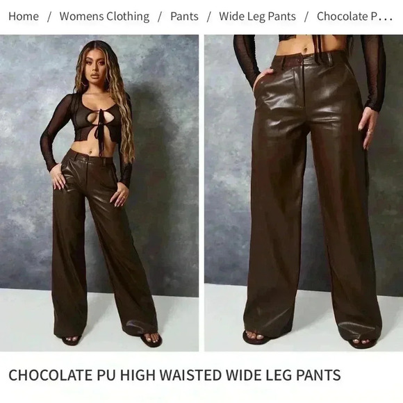 PrettyLittleThing Chocolate PU High Waist Wide Leg Pants Size 6 - Picture 10 of 12